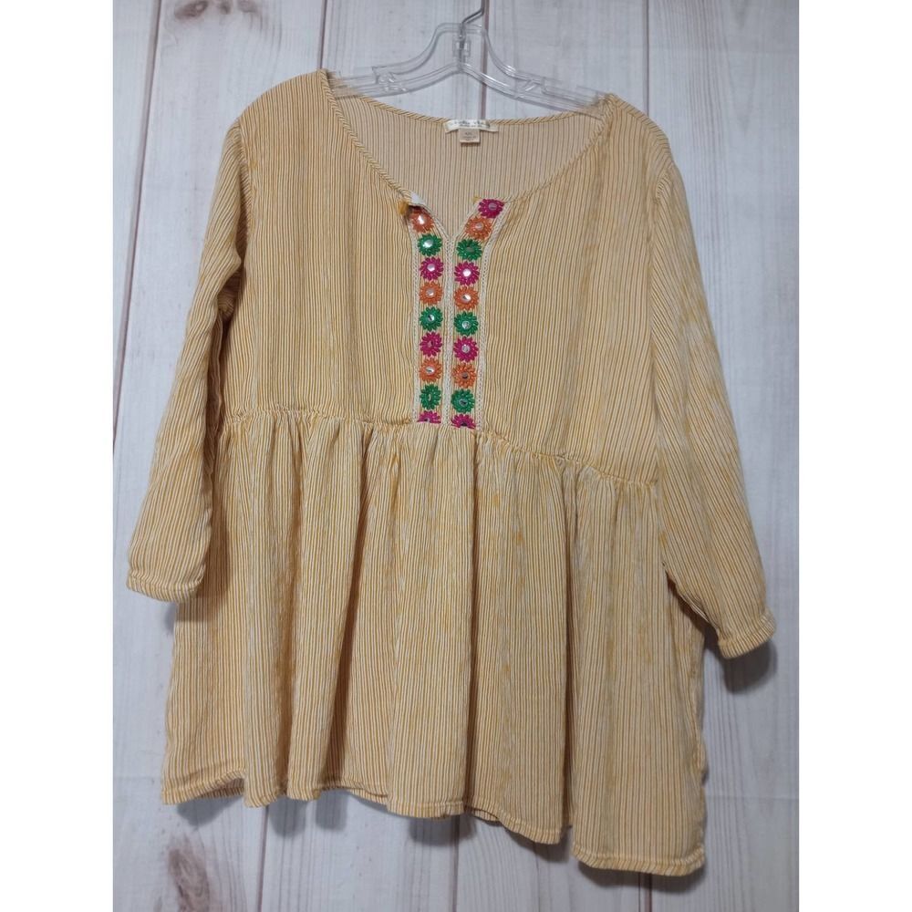 Studio West‎ Yellow Striped Embroidered Tunic Top Womens XXL